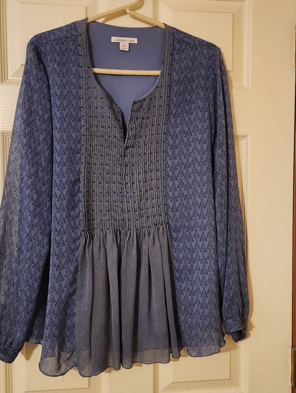 Coldwater Creek Women’s Blue Lined Boho Blouse Size M Long Sleeve Cottagecore